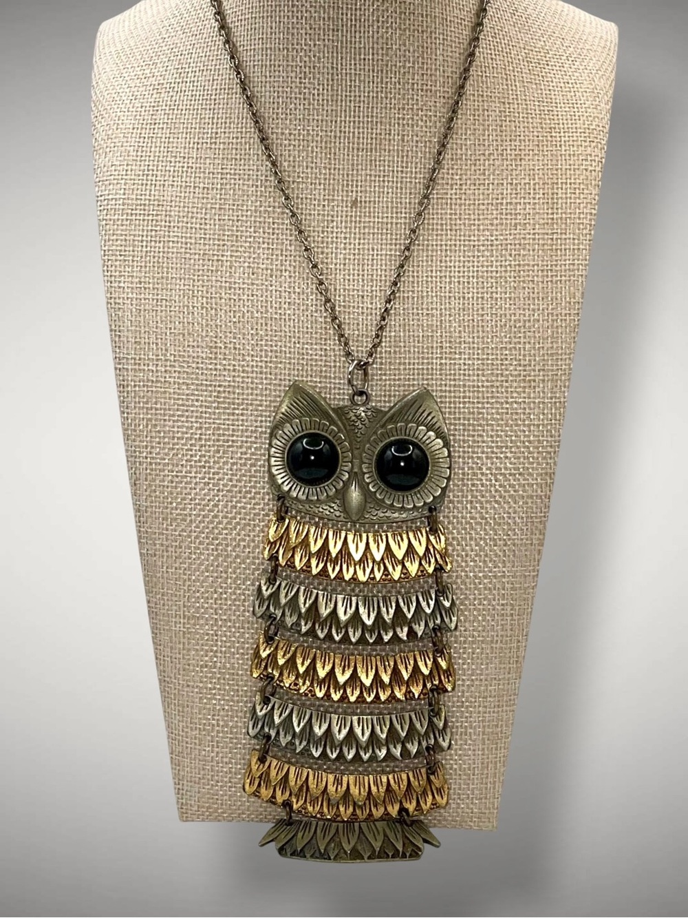 Vintage Articulated Owl Pendant Necklace Retro Statement Two Tone Metal Boho